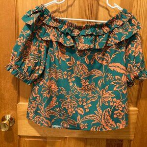 Green & Pink Floral Ruffle Neck Blouse – Size M